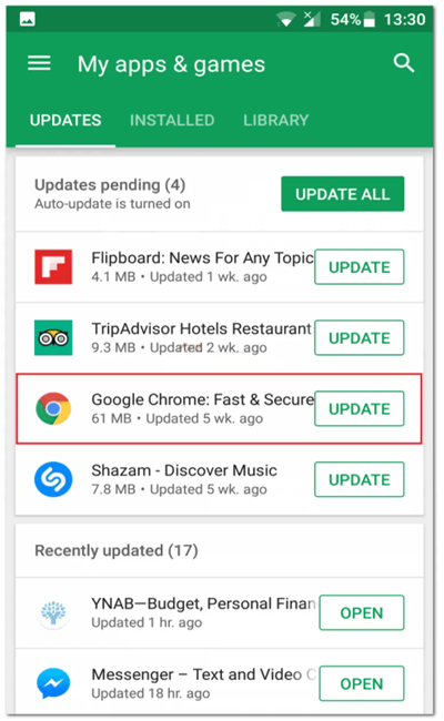 aktualisieren Sie den Chrome-Browser Android-Gerät